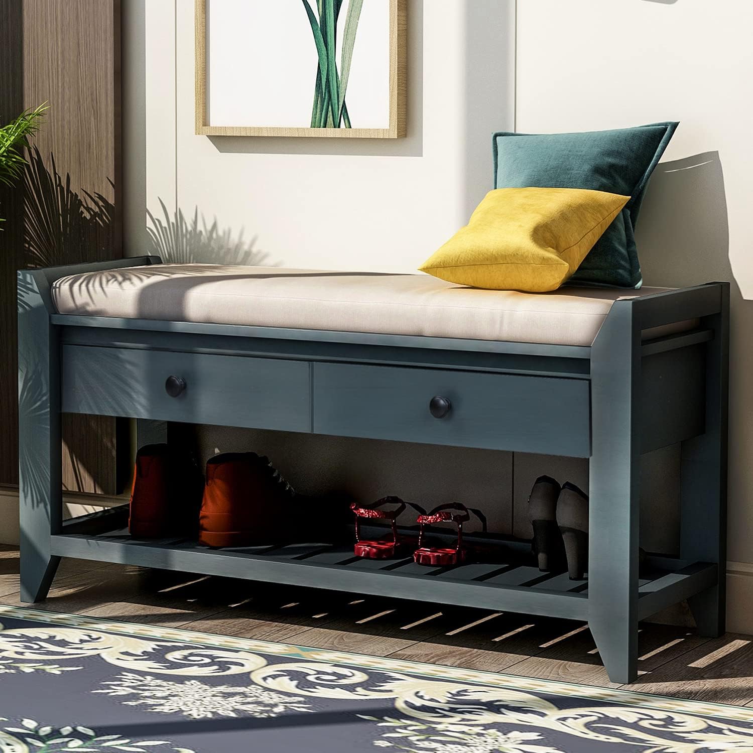 P PURLOVE Entryway Storage Bench with Cushioned Seat Shoe Rack with 2 Drawers and Storage Shelf, Antique Navy