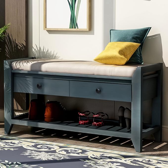 P PURLOVE Entryway Storage Bench with Cushioned Seat Shoe Rack with 2 Drawers and Storage Shelf, Espresso