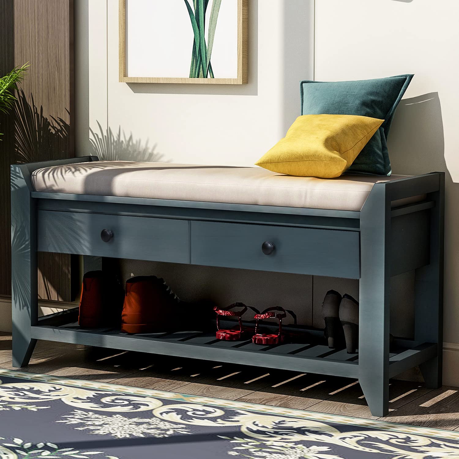 P PURLOVE Entryway Storage Bench with Cushioned Seat Shoe Rack with 2 Drawers and Storage Shelf, Antique Navy