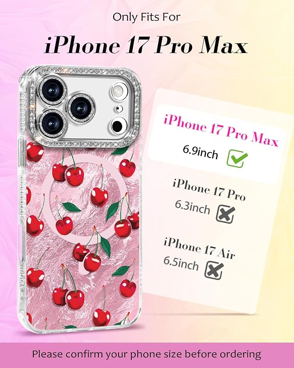 Toycamp for iPhone 17 Pro Max Case - Compatible with Magsafe Women Girls Aesthetic Cute Girly Kawaii Cherry Unique Design Bling Lens Protector Magenetic Funda for Apple 17 Promax Phone Cover by Toycamp - Used condition - Image 2