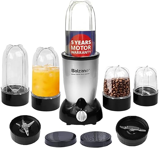 Balzano ABS Bullet Mixer Grinder 500W,5 Years Motor Warranty,5 Jars,2 Blades,2 Lids,Italian Premium Brand,Pulse Function,Mixer Blender for...