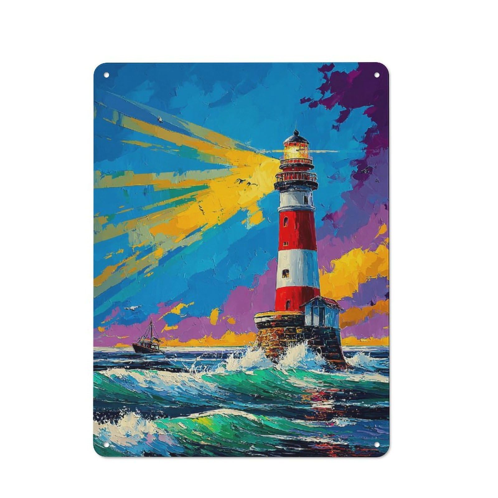 Junmoney Colorful Lighthouse At Sunset Retro Tin Wall Plaque 40X30cm For Garage Or Workshop, A Metal Wall Feature For Garages And Tool Rooms