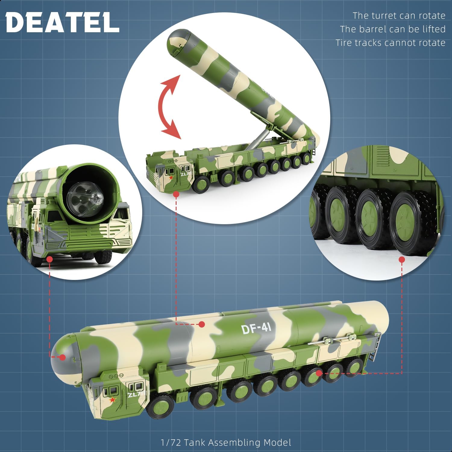 1/72 Scale DF-41 Solid-Fuelled Road-Mobile Intercontinental Ballistic Missile Quick Build Model Armored Vehicle DF-41 Toy Building Model Gift for Adults Suit for Kids Educational Toys