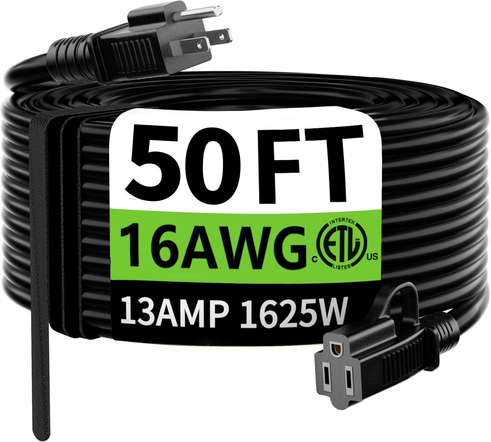 HUANCHAIN Indoor Outdoor Black Extension Cord 50 ft Waterproof, 16/3 Gauge Flexible Resistant Appliance Extension Cord Outside, 13A 1625W 16AWG SJTW, 3 Prong Electric Cable, ETL Listed