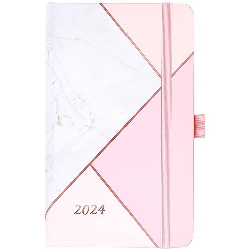 Artfan Pocket Diary 2024 - Diary 2024 A6, January 2024 - December 2024, Hardcover, Book Marks, Pen Loop, Elastic Bound, Inner Pocket, 16 x 10 x 1.4 cm - Pink Marble