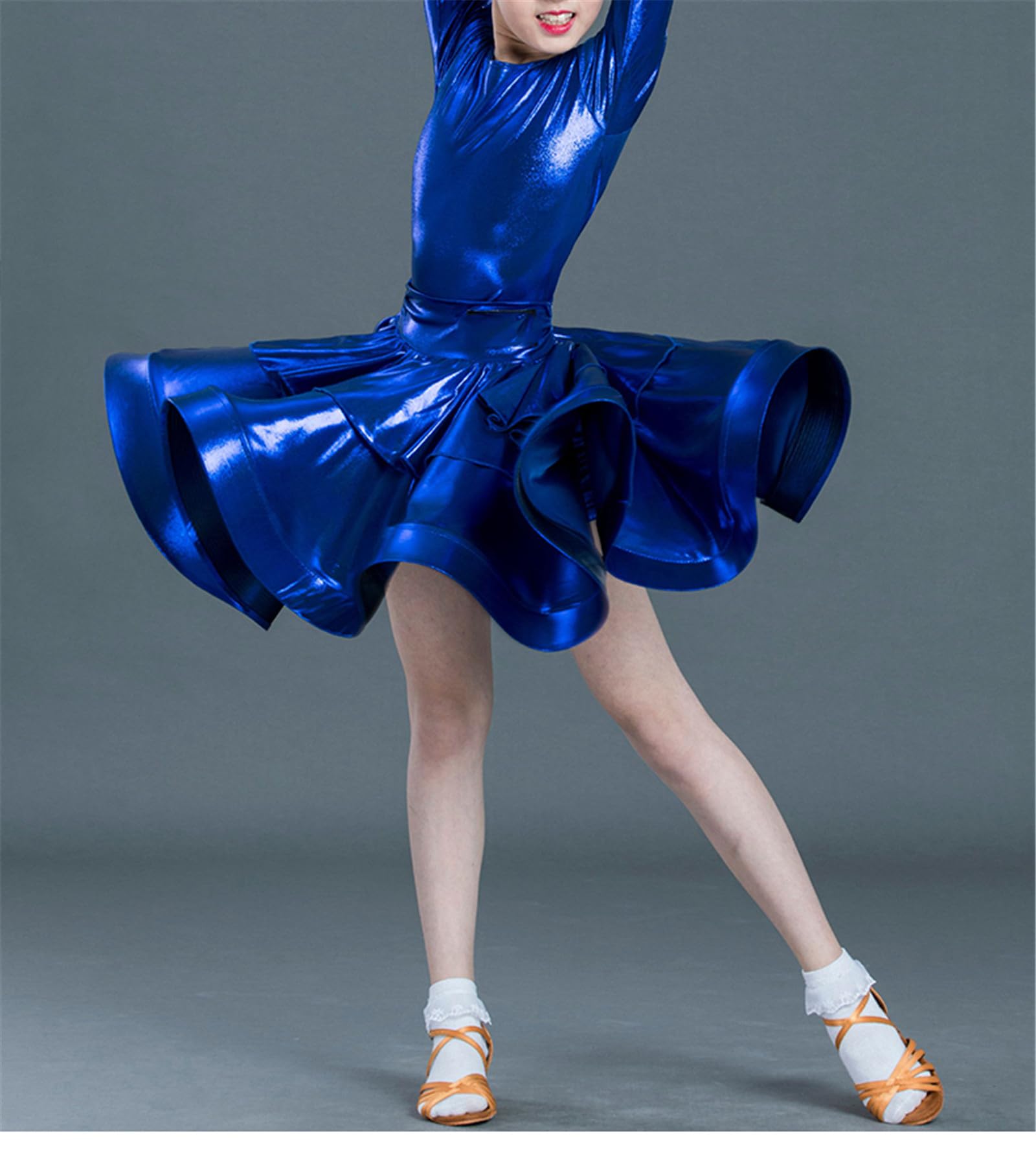 Grazioso Completo da esibizione per Bambini - Gonna a Pieghe Classica a Maniche Lunghe, Orlo Arruffato - Gonna a Battente per Feste da Ballo Brillante Samba Tango Cha-Cha