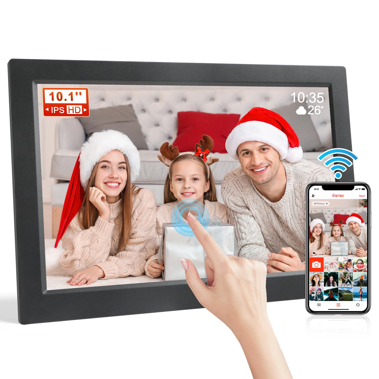 FRAMEO 10,1 Zoll Digitaler Bilderrahmen WLAN, 1280x800 HD IPS LCD Touchscreen Smart Cloud-Fotorahmen mit 16GB Speicher, Auto Drehung, Einfache Weitergabe von Fotos Videos über Frameo App