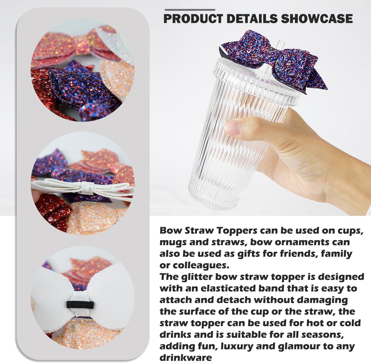 5Pcs Glitter Bow Straw Topper for Stanley Cup, Elastic Tumbler Straw Decor – Easy Install, No Scratch, Fits 8-12mm Straws