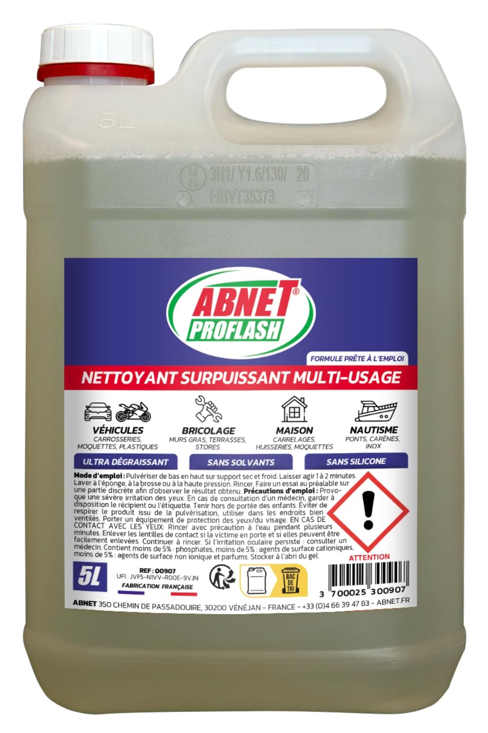 ABNET - Abnet Proflash -Nettoyant Surpuissant Multi-usages - Action détergente et dégraissante - Prêt à l’emploi - 5L