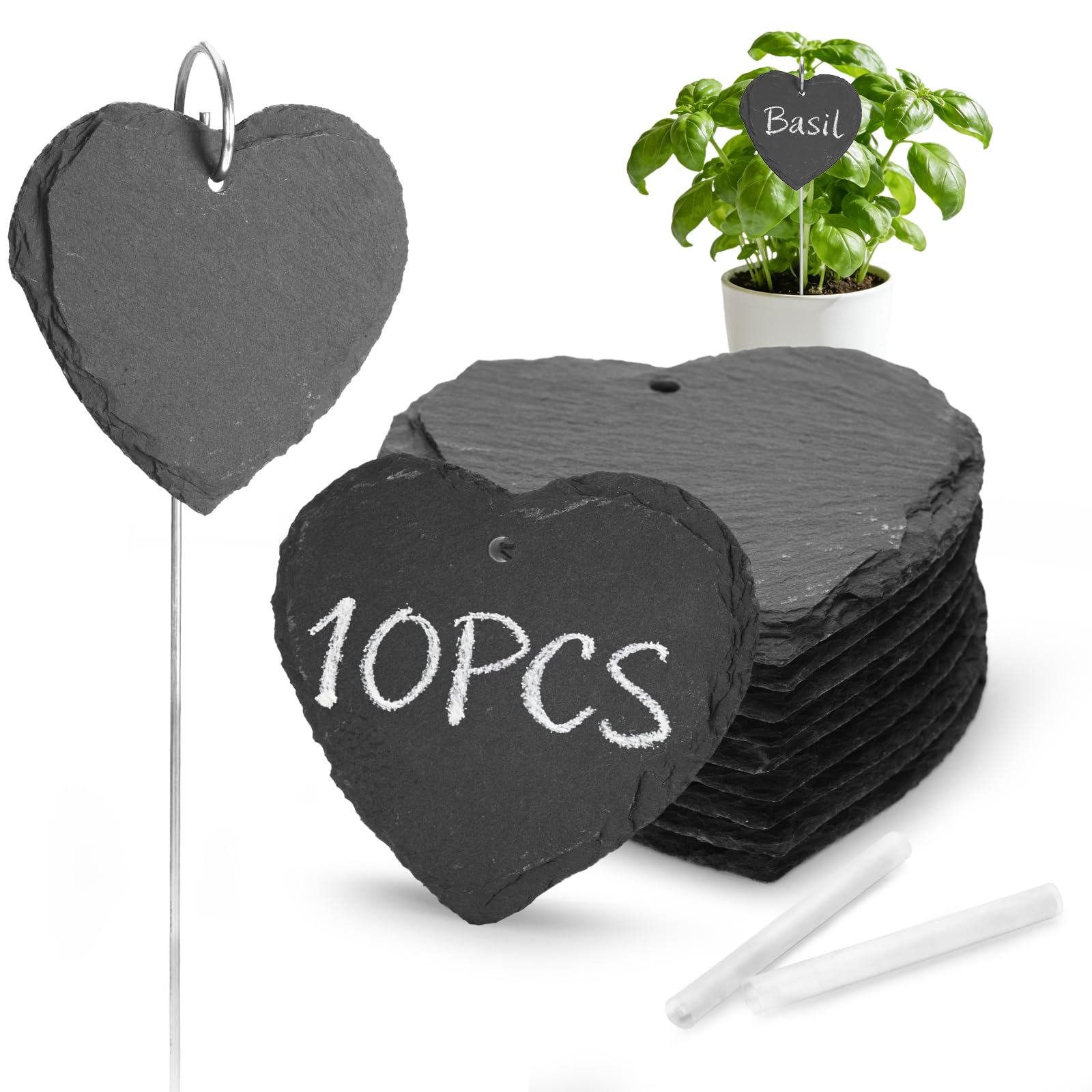 10 Pcs Slate Plant Labels with 40cm Stakes and Chalk Pencils - Tall Larger Garden Markers Labels Signs for Outdoor Plants, Vegetables, Herb, Heart-Shaped