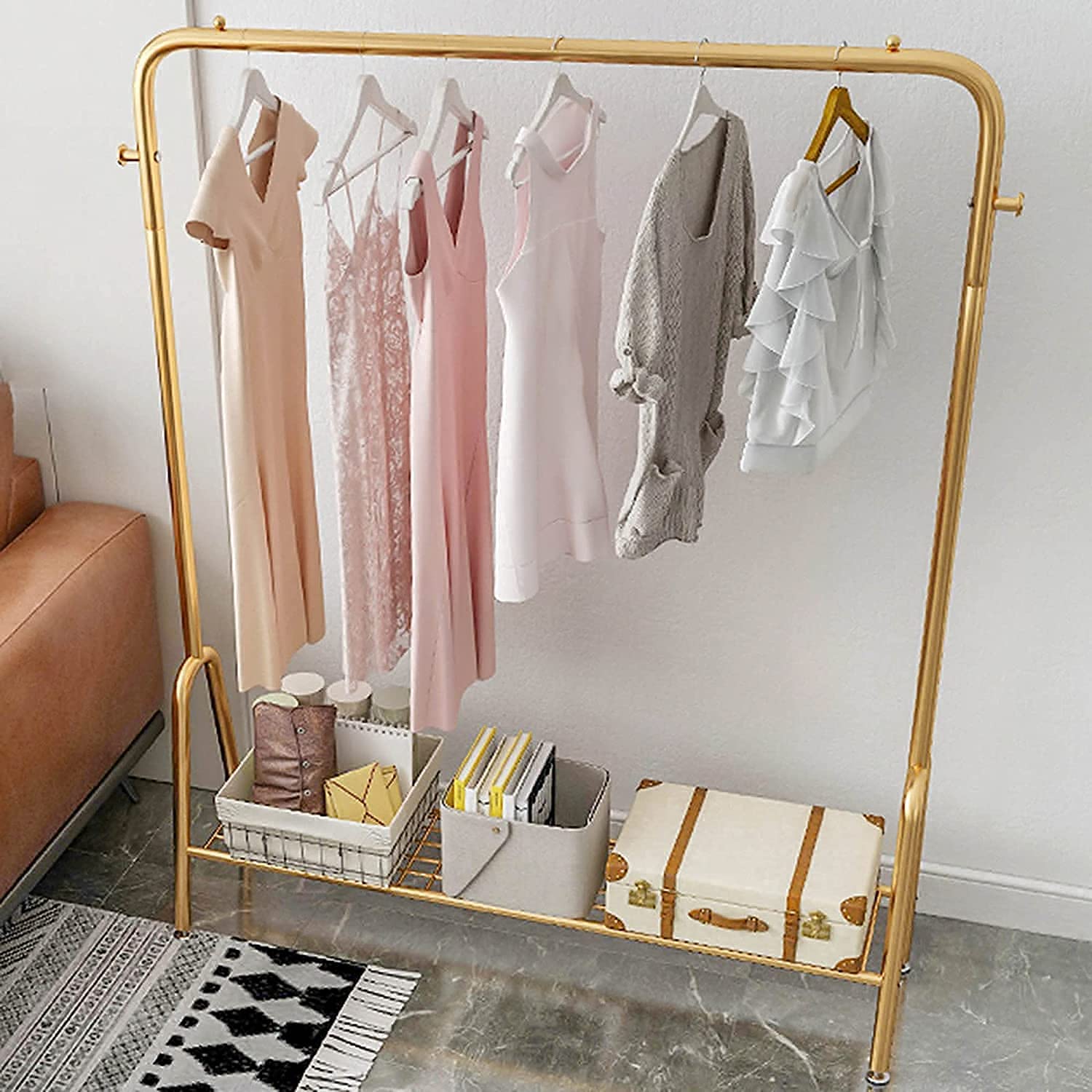 Schwerlast-Kleiderständer，Hochleistungs-Kleiderstange, Einpoliger, bodenstehender Kleiderständer aus Schmiedeeisen, mit 2 Haken und unterem Gestell, Schlafzimmergarderobe,Golden,100 cm,Golden,100 cm