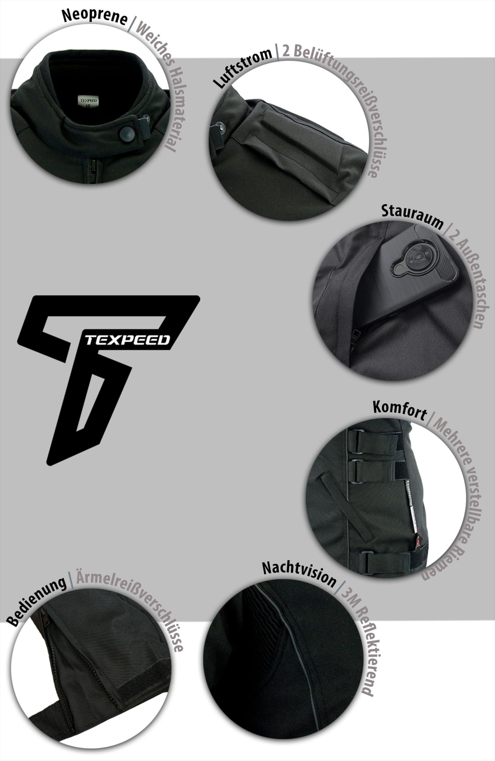 Texpeed Motorradjacke damen mit protektoren - Motorrad Motorroller Biker Wasserdicht Jacke Mit Rüstung (EN 1621-1) Schwarz - 4XL