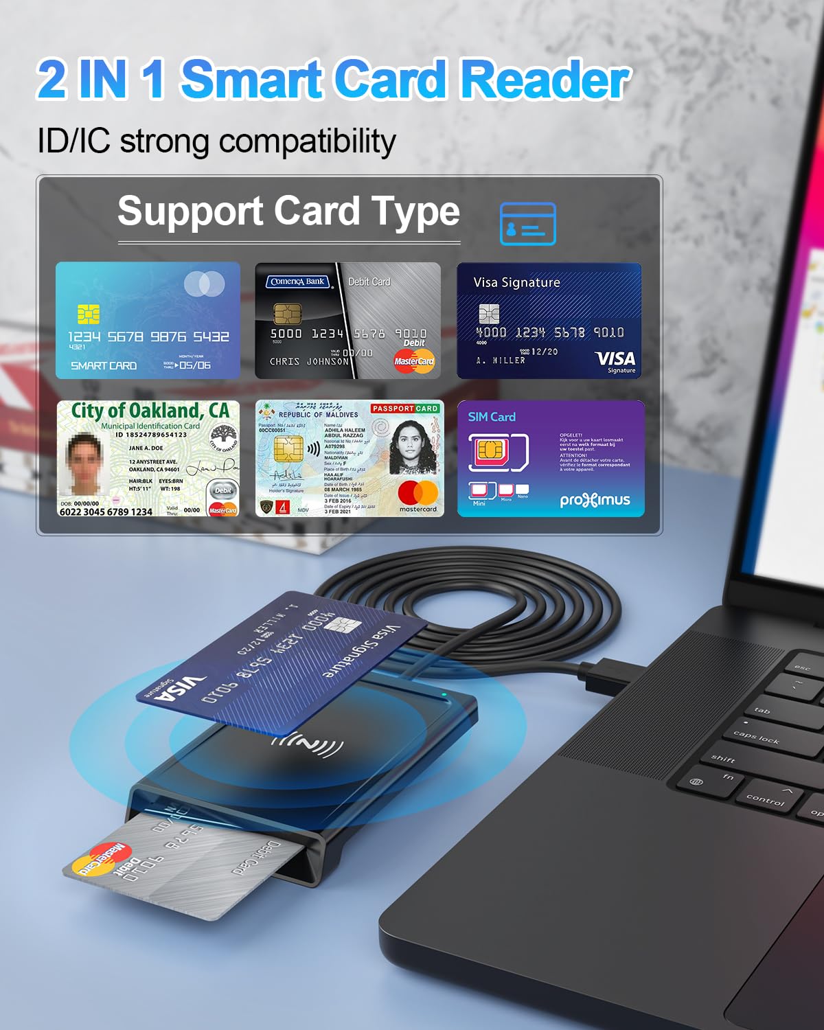 USB Chipkartenleser mit NFC - Smart Card Reader/SIM Kartenlesegerät - Kompatibel mit Windows, Linux, Android -DOD Military Kartenleser für den Neuen Personalausweis Gesundheitskarte Bankkarten