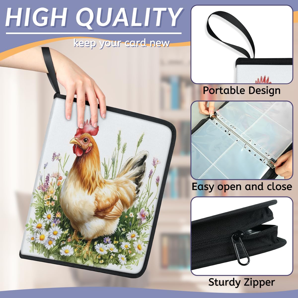 Carpeta de tarjetas coleccionables con 4 bolsillos, diseño de gallo y gallina, álbum de tarjetas con fundas extraíbles, impermeable, con cremallera, capacidad para 50 páginas y 400 tarjetas