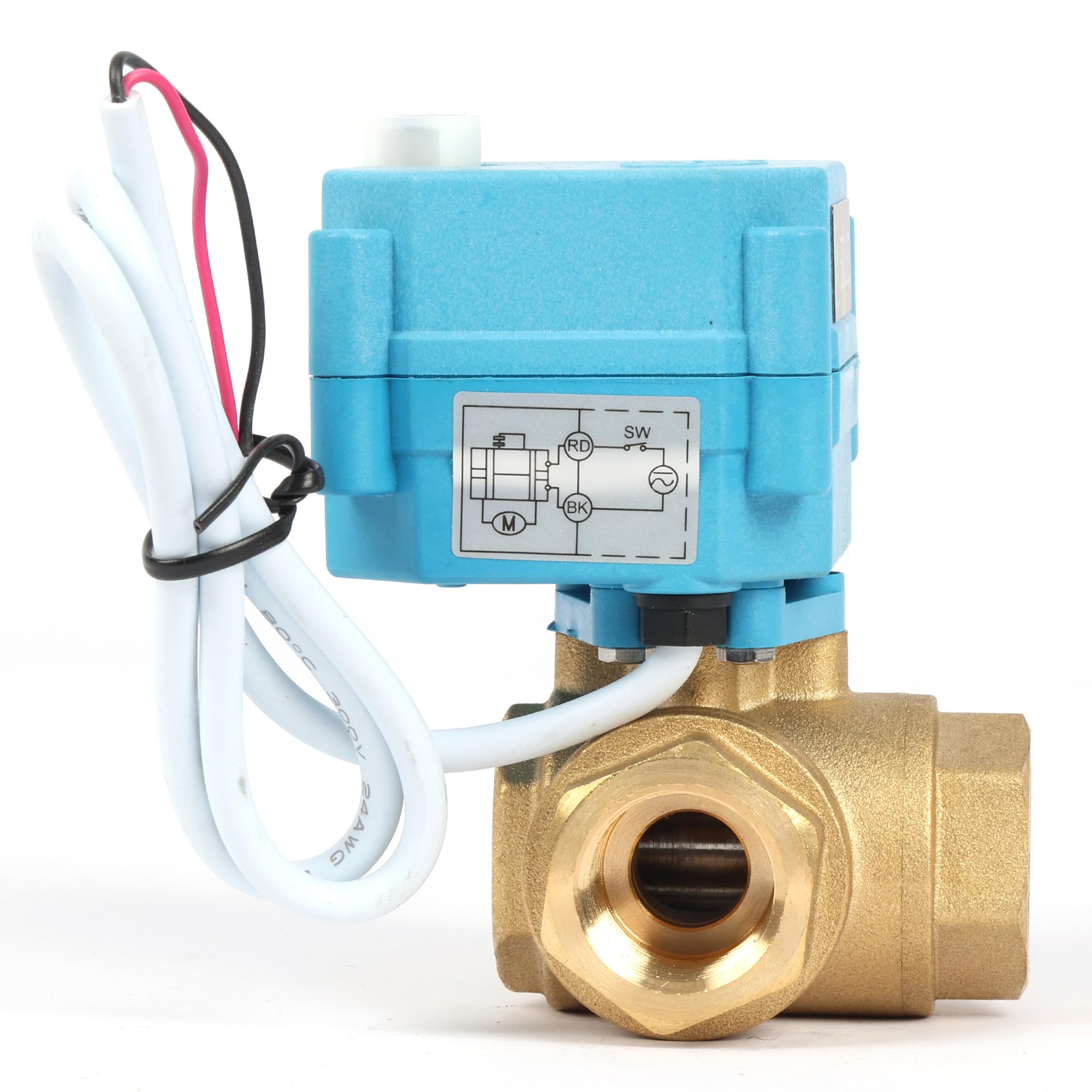 U.S. Solid Válvula motorizada 3 vías latón: tipo T - eléctrica válvula con función manual, puerto estándar (1/2", 9-24V AC/DC)