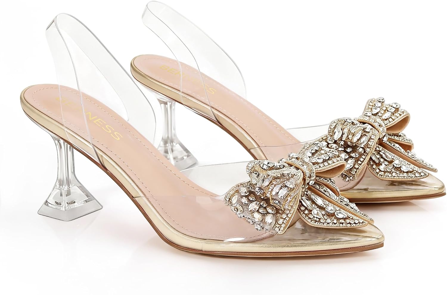 Berness Women's Crystal Bow Clear Slingback Kitten Heels Closed Toe Pumps for Dress, Work, Wedding, Party