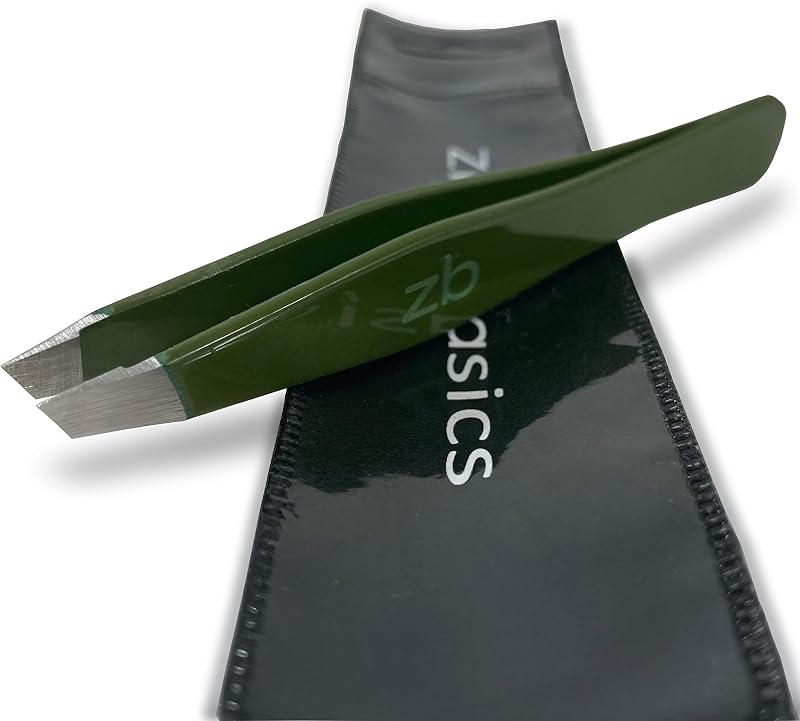 Pinça Zizzili Basics de aço inoxidável com ponta chanfrada e estojo protetor, Army Green
