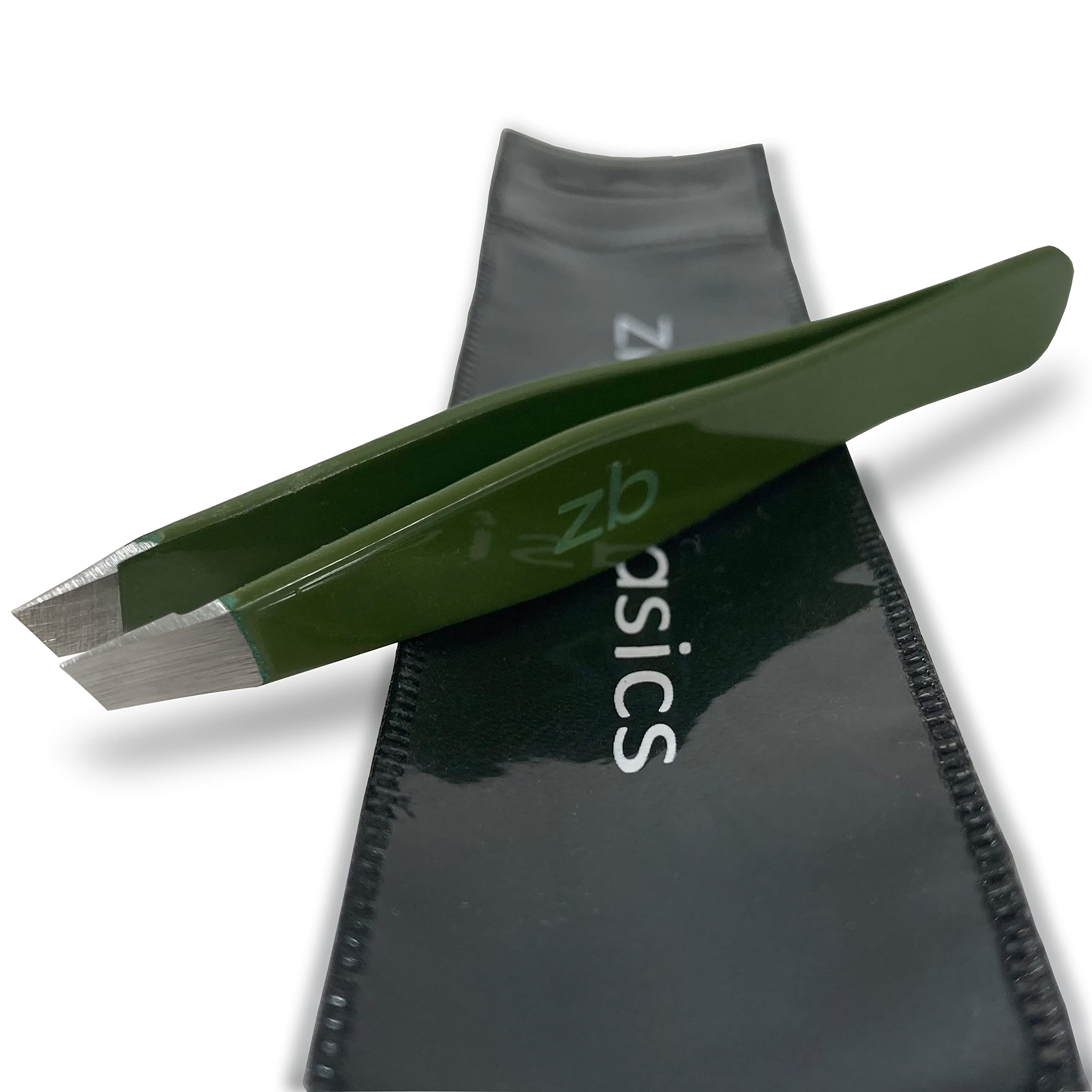 Pinzas de acero inoxidable quirúrgico, punta inclinada para modelar cejas y eliminar el vello facial, con funda protectora (verde militar)