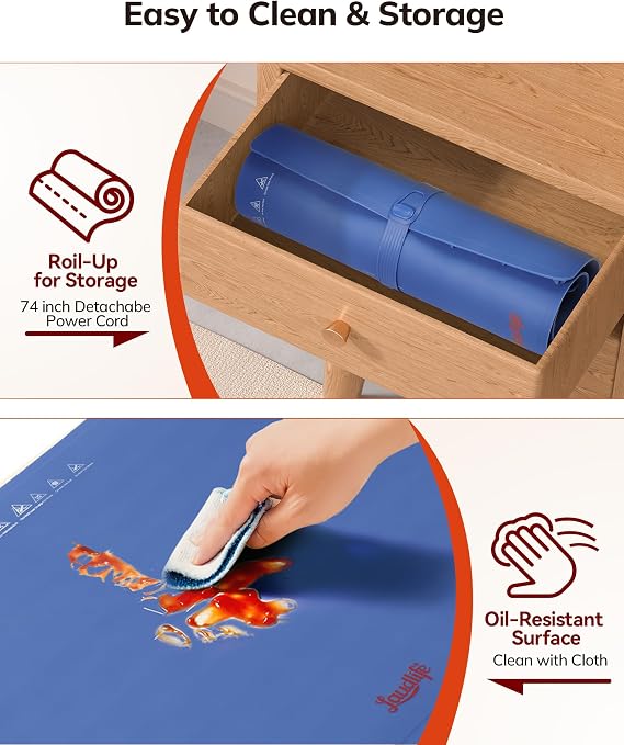 Laudlife Electric Warming Mat for Food, Roll-Up Silicone Heating Pad with 7 Adjustable Tempmaster Levels, Foldable Warming Tray for Countertop,Buffet Party, Kitchen & Home, Child Lock, Dark Bule