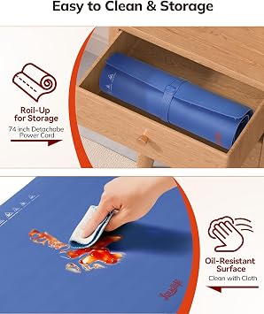 Laudlife Electric Warming Mat for Food, Roll-Up Silicone Heating Pad with 7 Adjustable Tempmaster Levels, Foldable Warming Tray for Countertop,Buffet Party, Kitchen & Home, Child Lock, Dark Bule