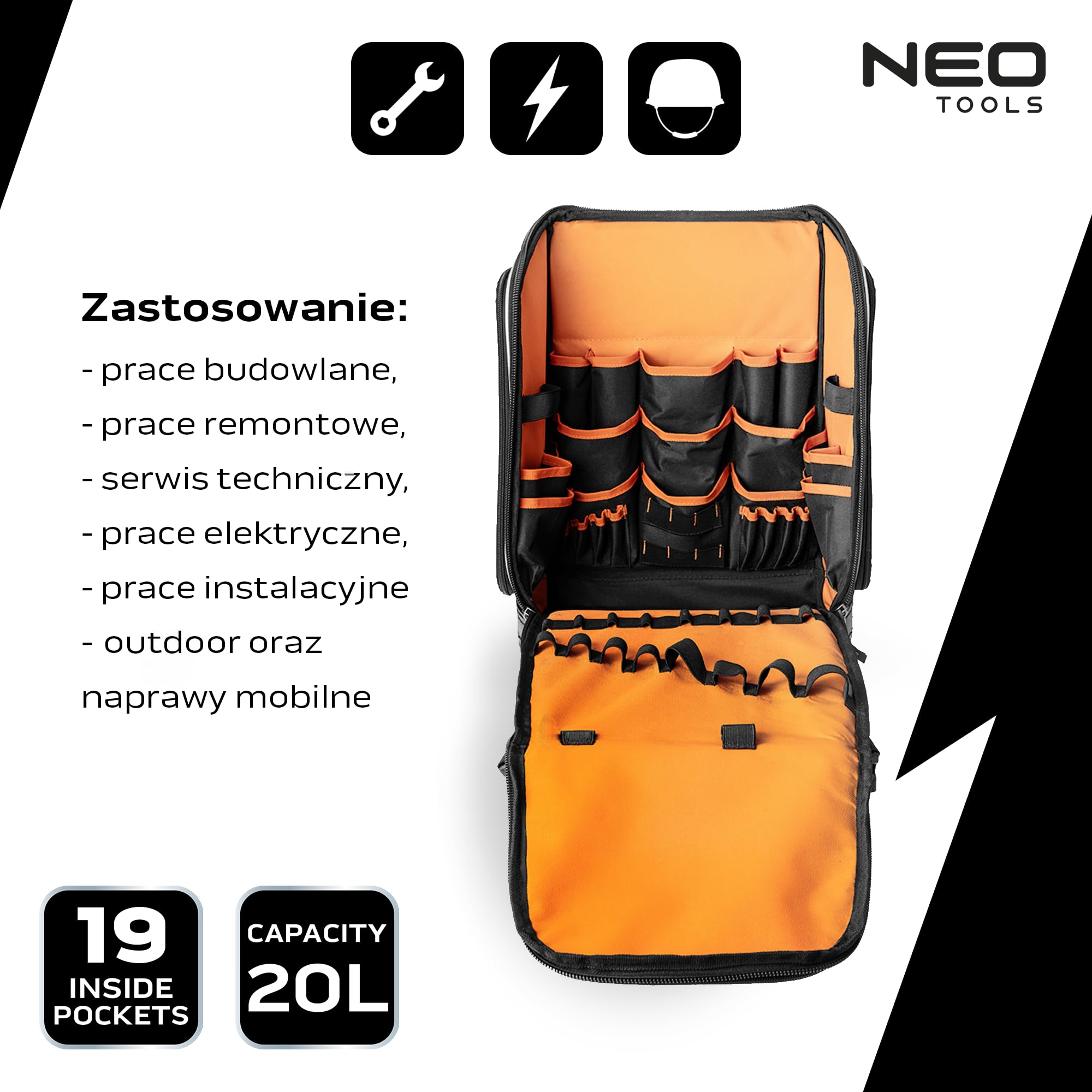 NEO TOOLS Plecak na narzędzia 20L z torbami | Gumowe dno, wytrzymały dla elektryków, hydraulików, pracowników konserwacyjnych, 26 kieszeni