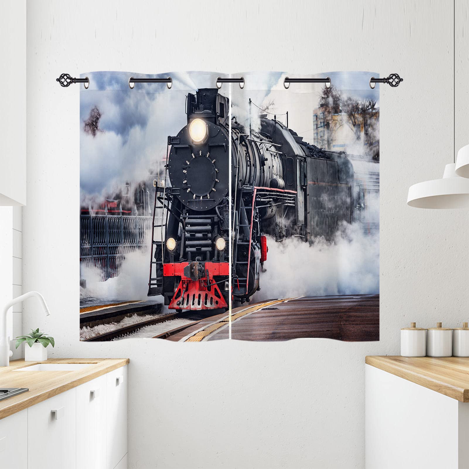 ANHOPE Vintage Steam Train Blackout Eyelet Curtains 28 x 54 Inch 2 Panels — image 1