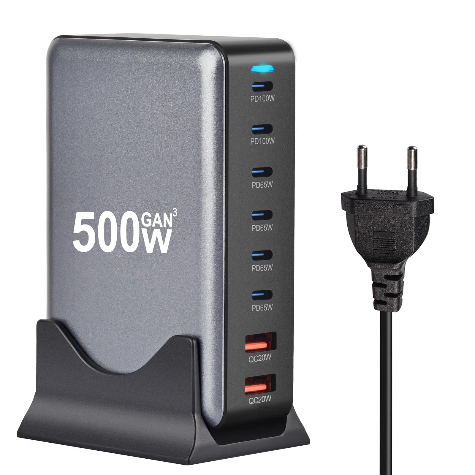 Chargeur Secteur 500W Multiprise HUB GaN3 - Station de Charge 8 Ports USB (6 USB-C 100W & 65W + 2 USB-A 20W) - Charge Rapide Universelle pour Téléphone, Ordinateur Portable, Tablette - Câble EU 1,5m