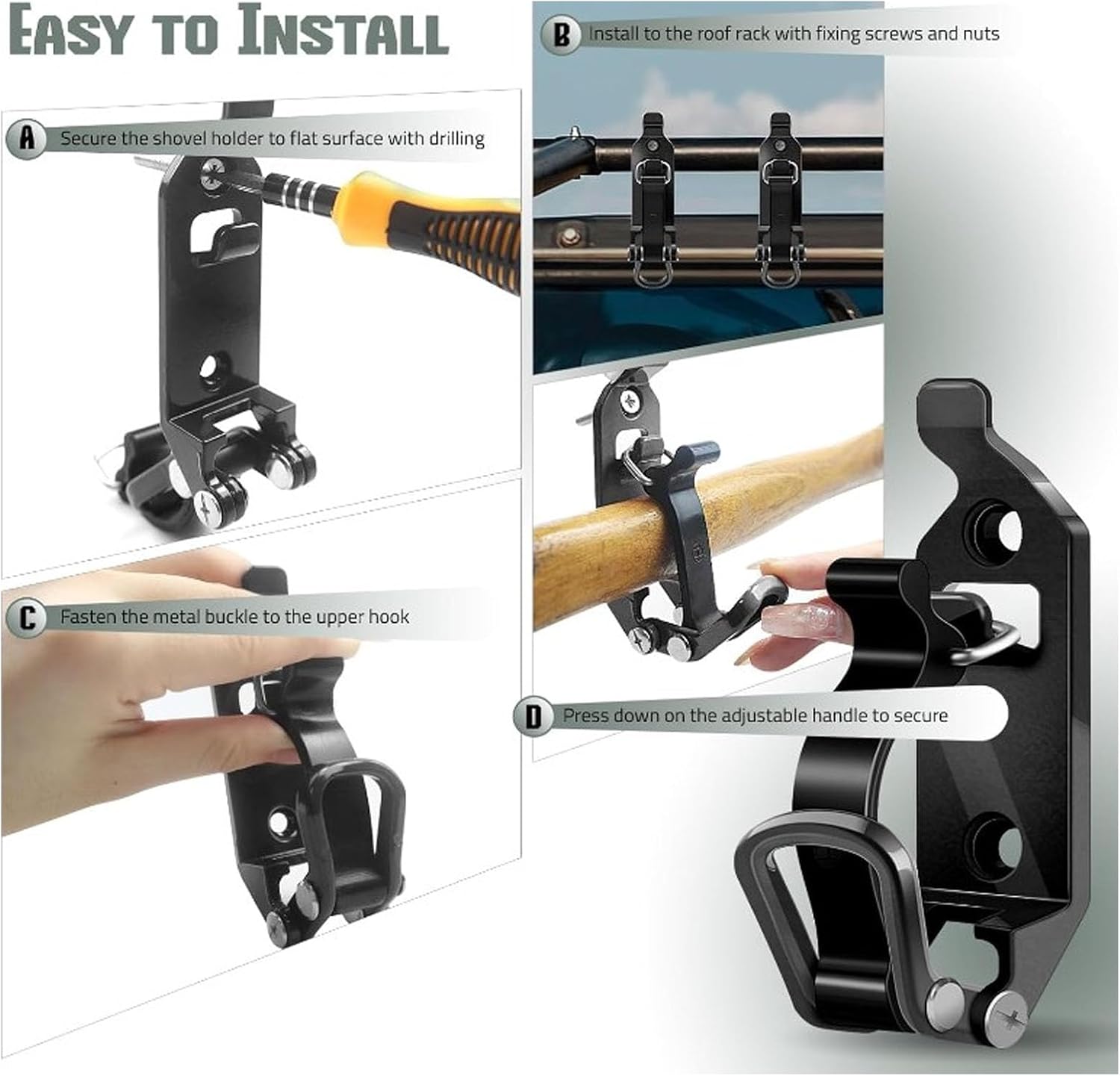 Heavy Duty Metal Rubber Clamp Mount Shovel Holder with Fixed Screws, Smart Design, Efficient Storage for Vehicle and Garage, Suitable for Shelf, Boat Car Accessories. (Black)