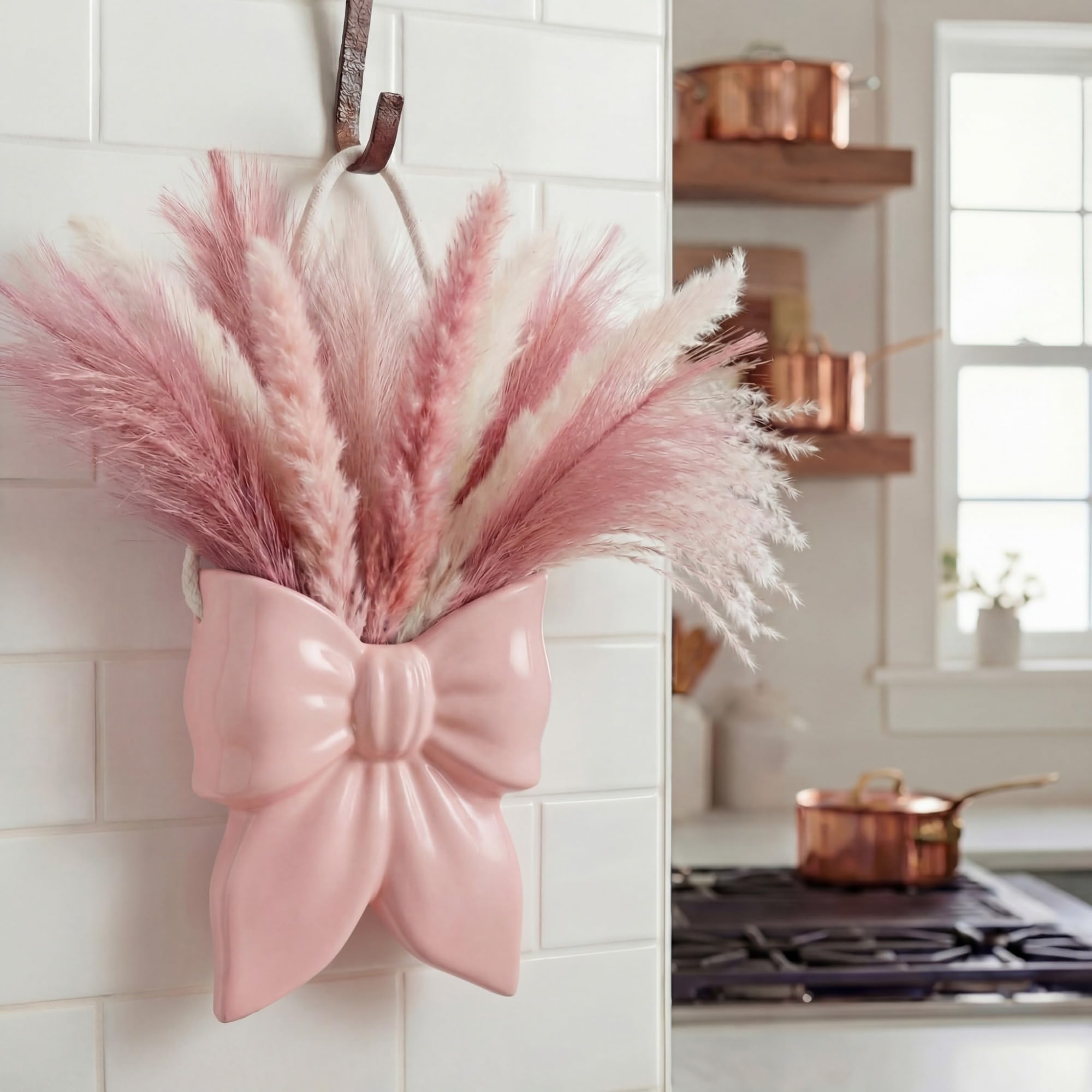 Bow Ceramic Hanging Planter Wall Flower Vase Room Decor Hanging Vase for Flowers Planters for Indoor Plants Wall Mount Plant Pots for Home Living Room Bedroom Indoor Outdoor(Pink)