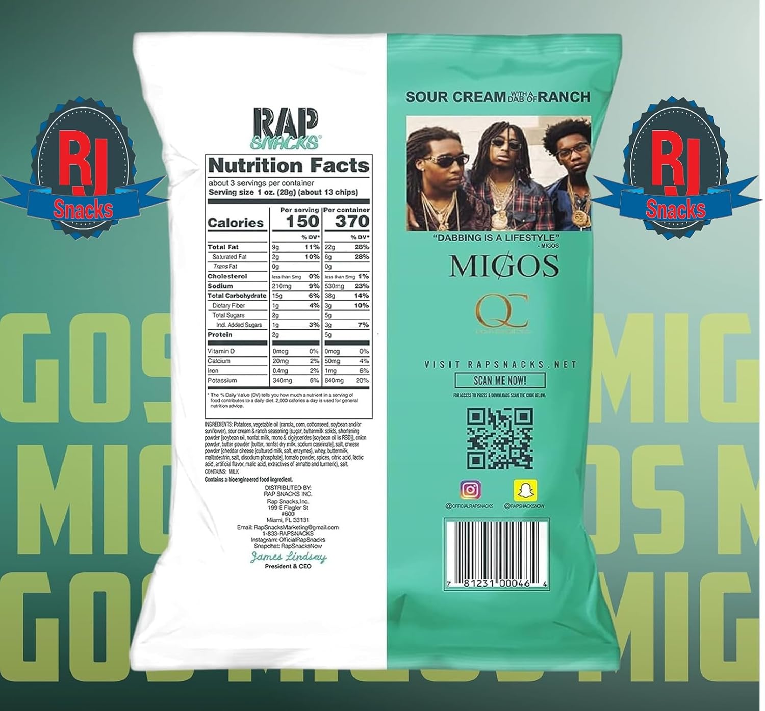 Rap ` Snacks Potato Chips 5 oz (Curated by RJ Snacks Value Pack) (Pack of 6, Migos Sour Cream & Ranch)