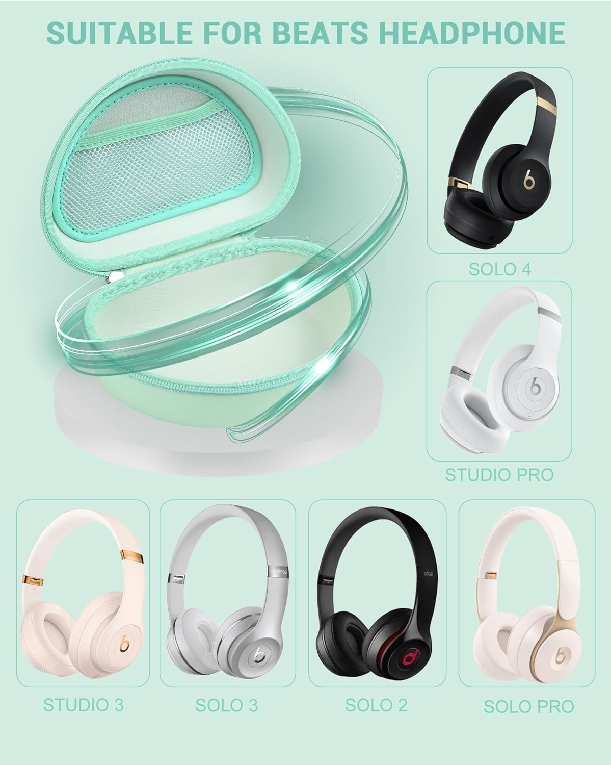 Hard Headphone Case for Beats Solo 4/3 / 2, Studio Pro, Studio 3, Over Ear Headphone Carrying Case with Storage Cable Bag Strap for Travel - Image 2