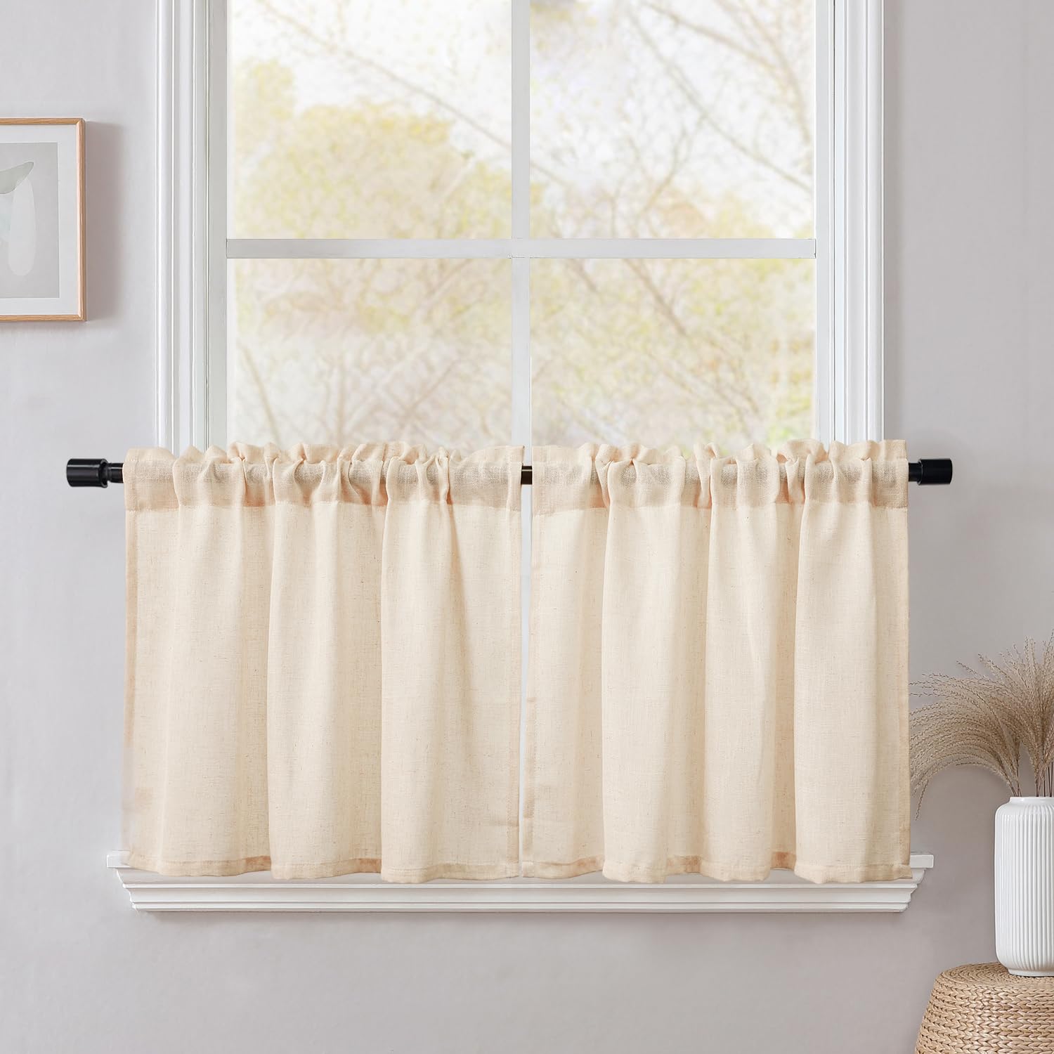 Voilage de cuisine beige en lin texturé aux finitions soignées lot de 2