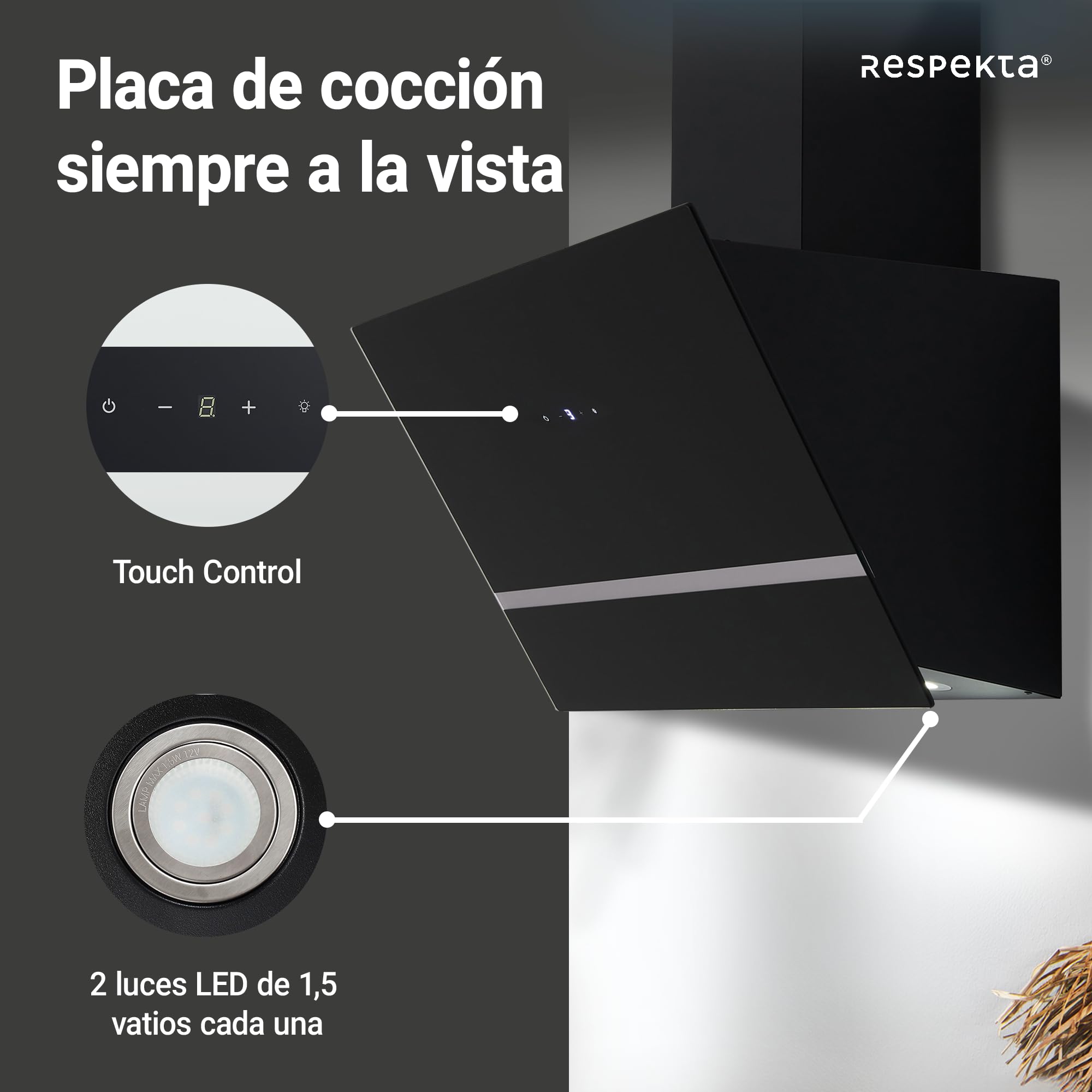 Respekta Campana extractora/caperuza inclinada de 80 cm/carcasa metálica/con pantalla de vidrio en negro/función de extracción y recirculación de aire / CH24080SM / A / 65-70 dB