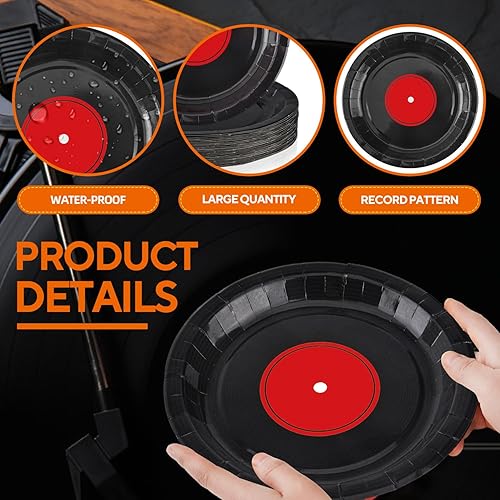 Miniatura 4 de Paquete de 100 platos de papel de registro de los años 50, platos decorativos de 9 pulgadas de regreso a los años 50, vajilla desechable para