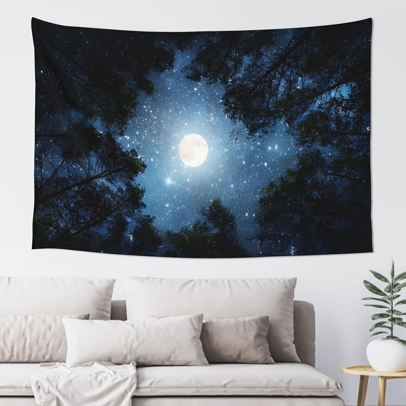 Hulnulnu Night Forest Galaxy Starry Tapestry for Bedroom Ceiling, Blue Space Starry Sky Moon Stars Tapestry Aesthetic, Wall Hanging for Dorm Living Room Decor