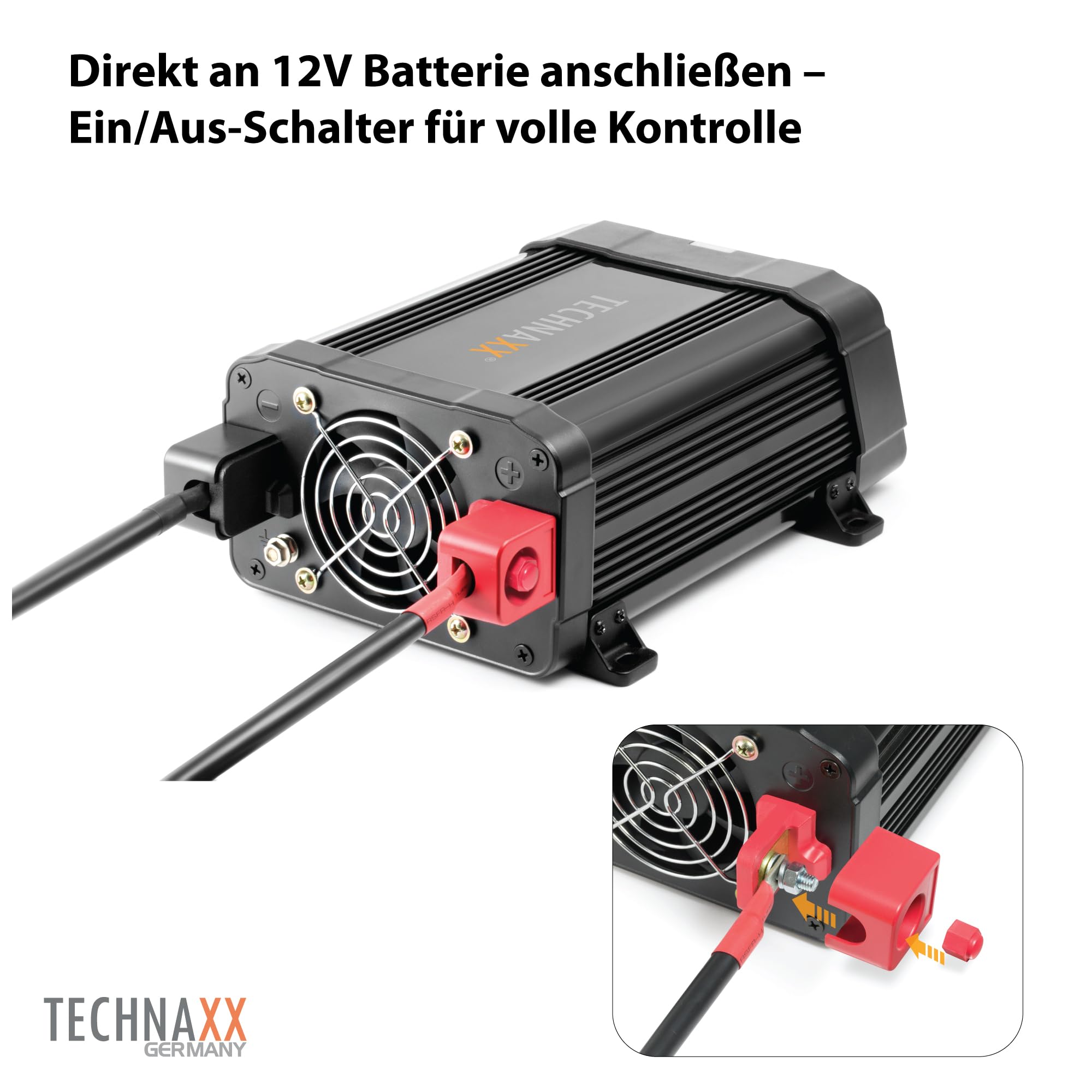 Technaxx KFZ Wechselrichter 12V auf 230V 1200W (2400W Spitze) – TÜV zertifizierter Spannungswandler mit 2x Schuko-Steckdose & 2x USB 5V/3,1A – Inverter für Auto, Wohnmobil, Camping, Boot, LKW – TE16