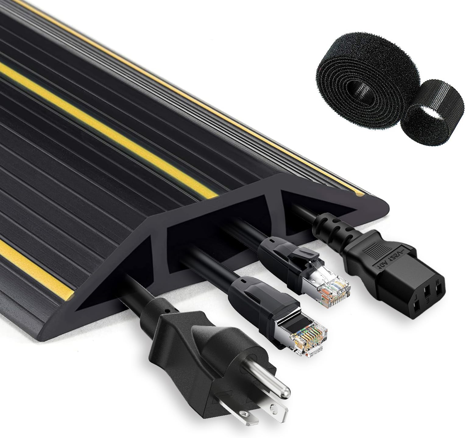 Cable Cover Floor, 10 Ft (3 M) Heavy Duty Cable Floor Protector 3 Cord Channels, with Fastening Wire Organizer—Flexible Cuttable Wire Hider Kit Ideal for Office, Home, Workshop, Warehouse, Garage