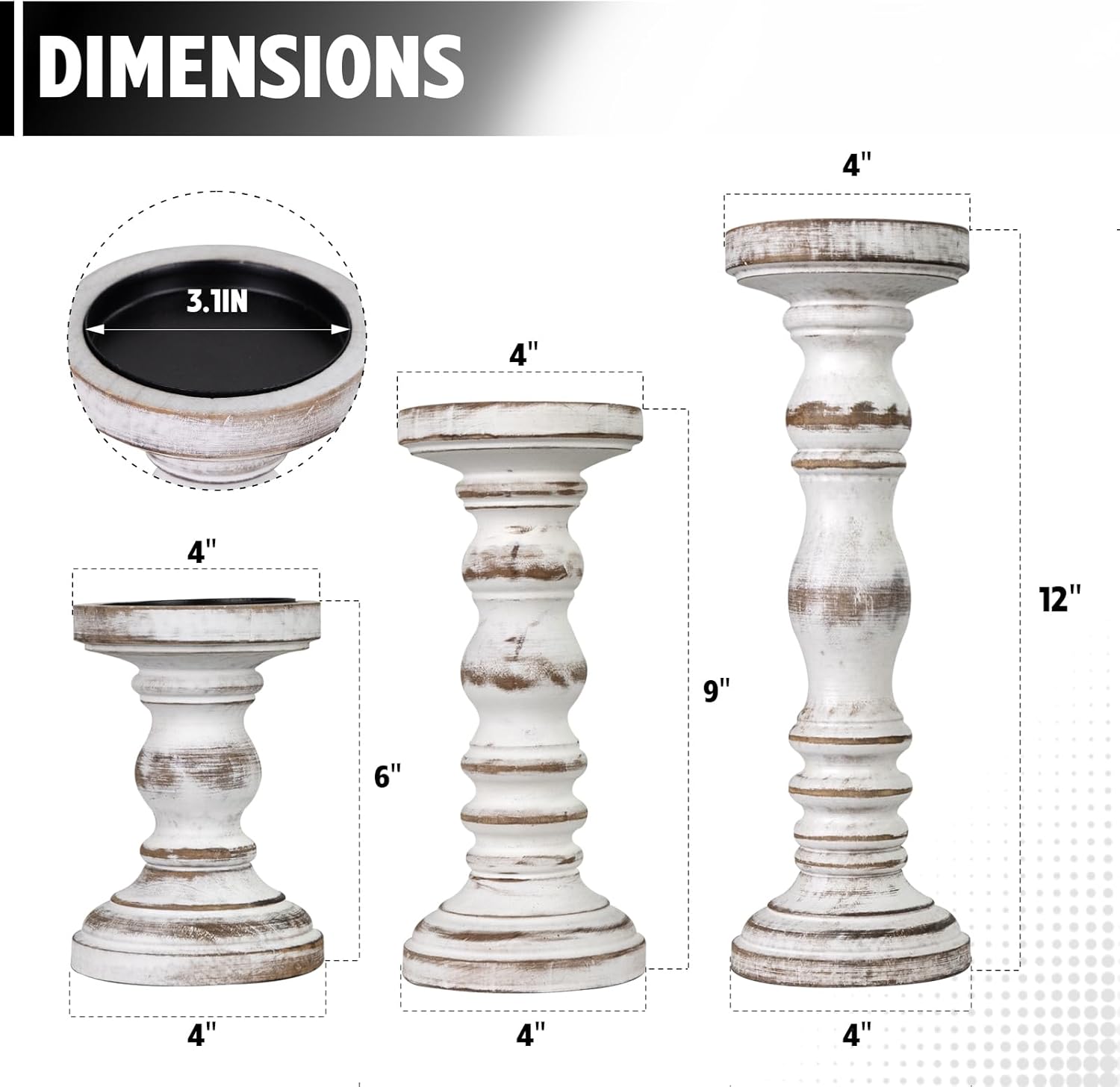 Candle Holder for Pillar Candle Set of 3, Farmhouse Wood Candle Holder, Rustic Wooden Candle Stand, Vintage Tall Candle Stand Decorative for Living Room, Table Centerpiece (Antique White) Antique White Set of 3