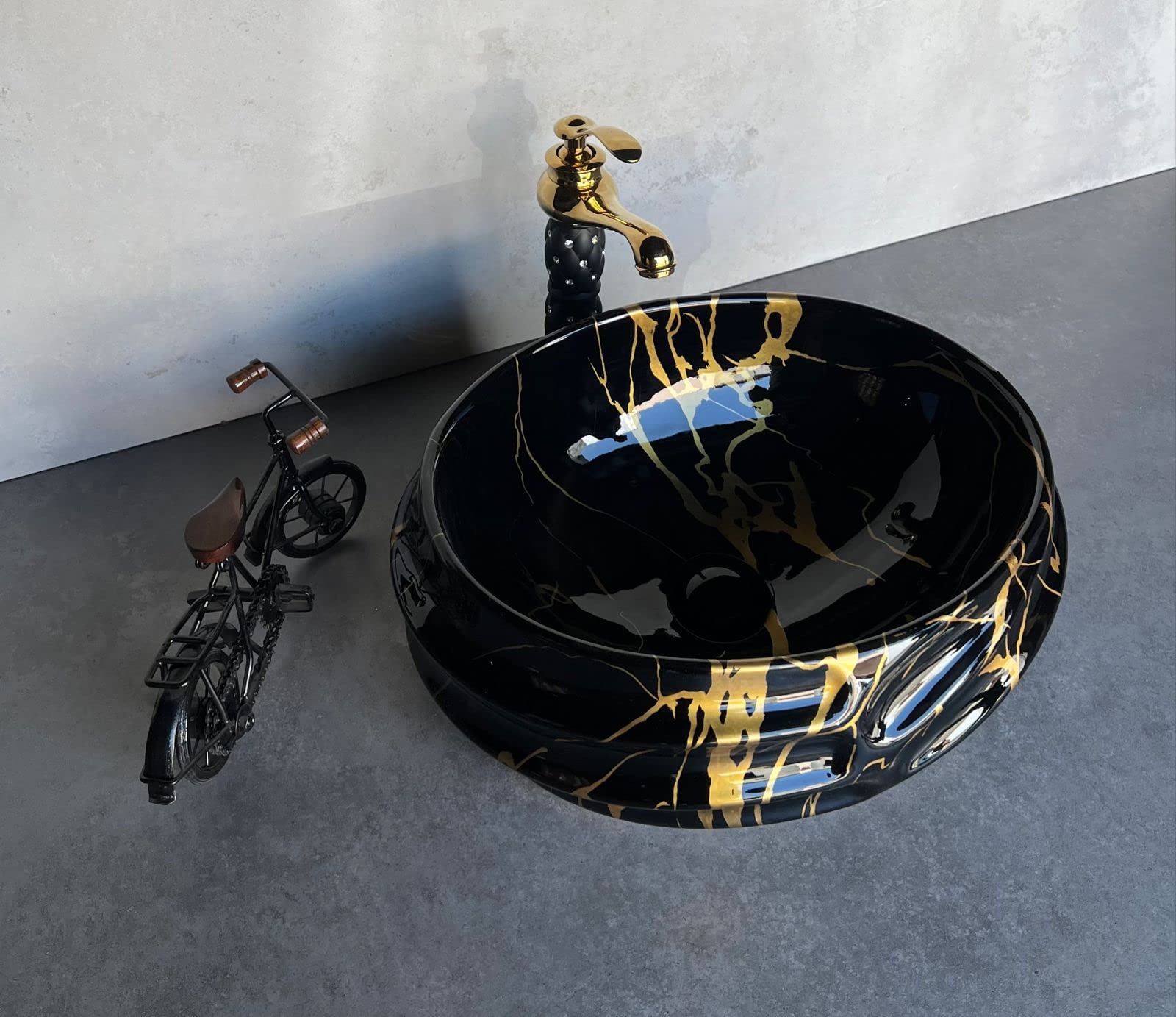 NEXIS Designer Glossy Finish Ceramic Art Wash Basin Vessel Sink Table Top | Collapsible Wash Basin (Black-Golden Art Wash Basin, 16 x 13 x 6 Inch) 1