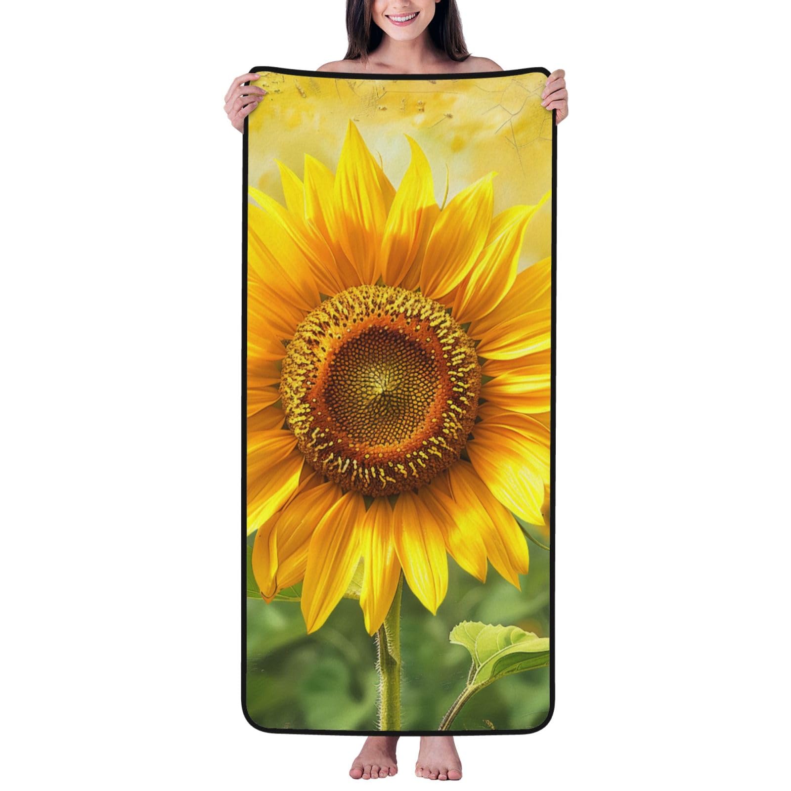 WPKJU Sunflowers Printed Bath Towel with Black Edging - 27x55 in Soft Extra Absorbent Coral Velvet Shower Towels for Bathroom