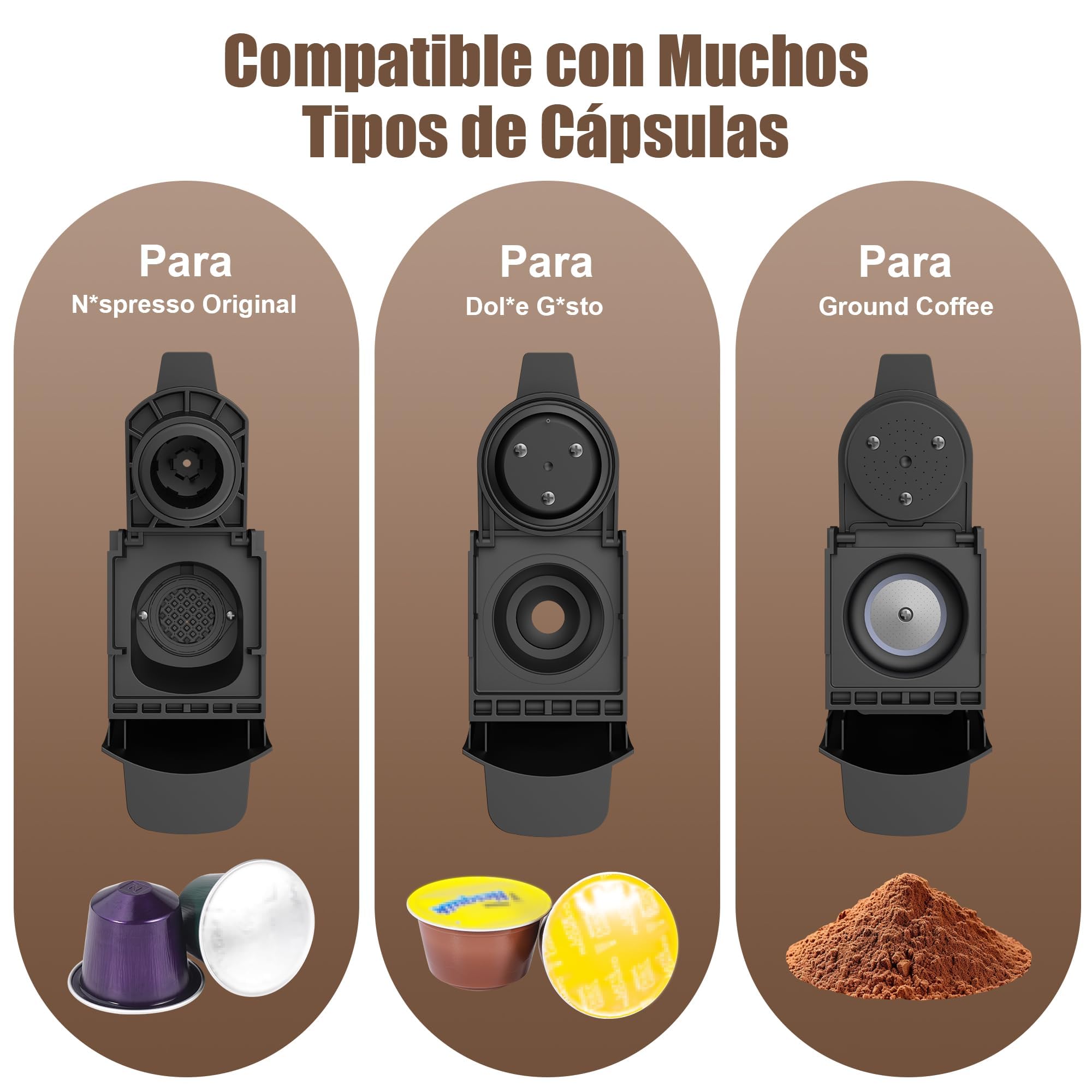 ST-551 3 en 1 Cafetera de cápsulas para Nespresso Original/Dolce Gusto/café molido, dos ajustes de agua, diseño compacto, depósito de agua extraíble de 600 ml (negro)