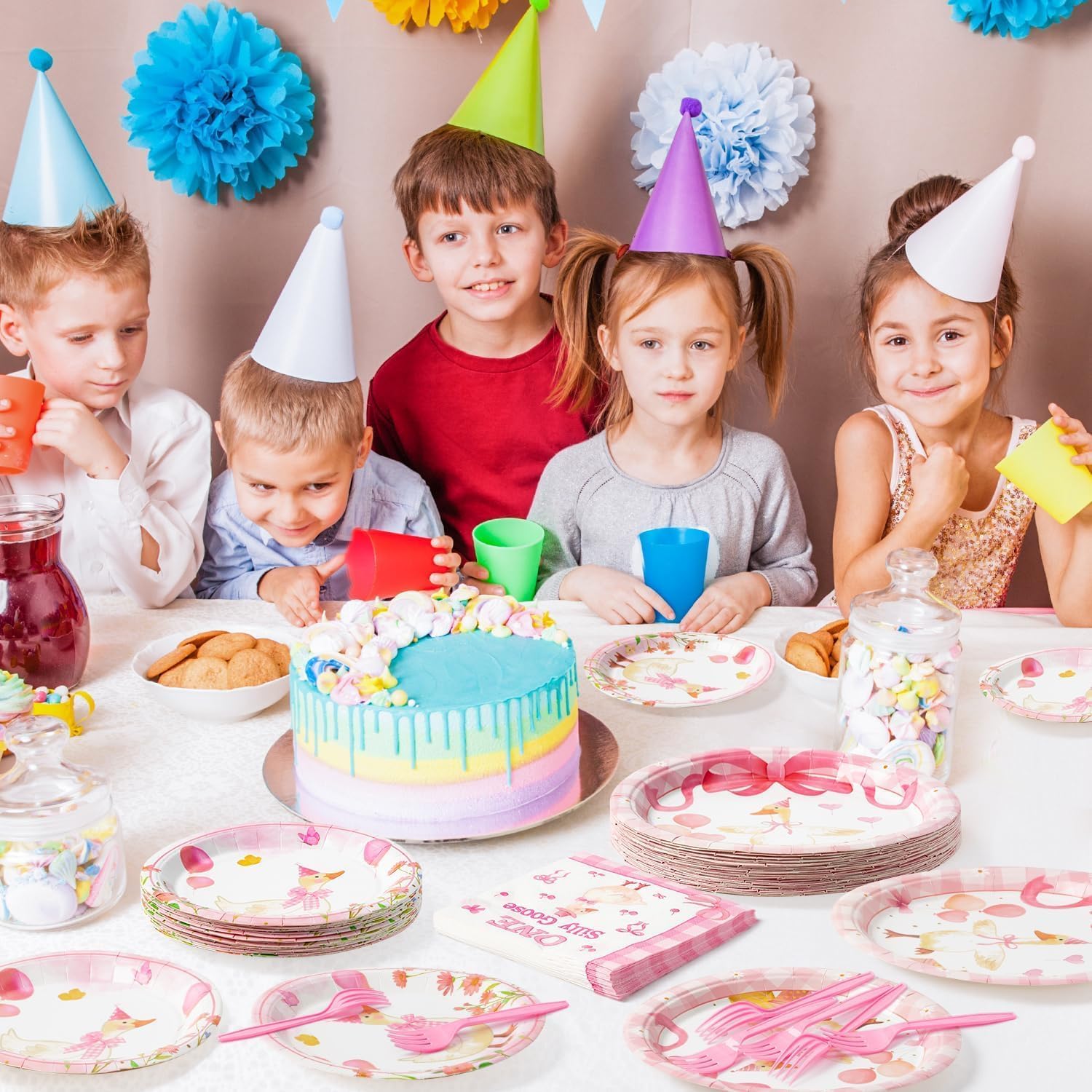 Pink Goose Party Supplies: tableware includes 9-inch paper plates, 7-inch paper plates, napkins and forks. Tablecloth; Gift bag