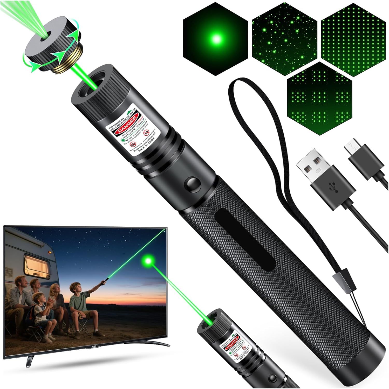 [Professional]USB-C Rechargeable Excessive Energy Inexperienced Pointer, Lengthy Vary with Star Cap&5 Adjustable Modes, Tactical Flashlight for Development, Astronomy, Outside Looking,Mountaineering&Tenting, Displays