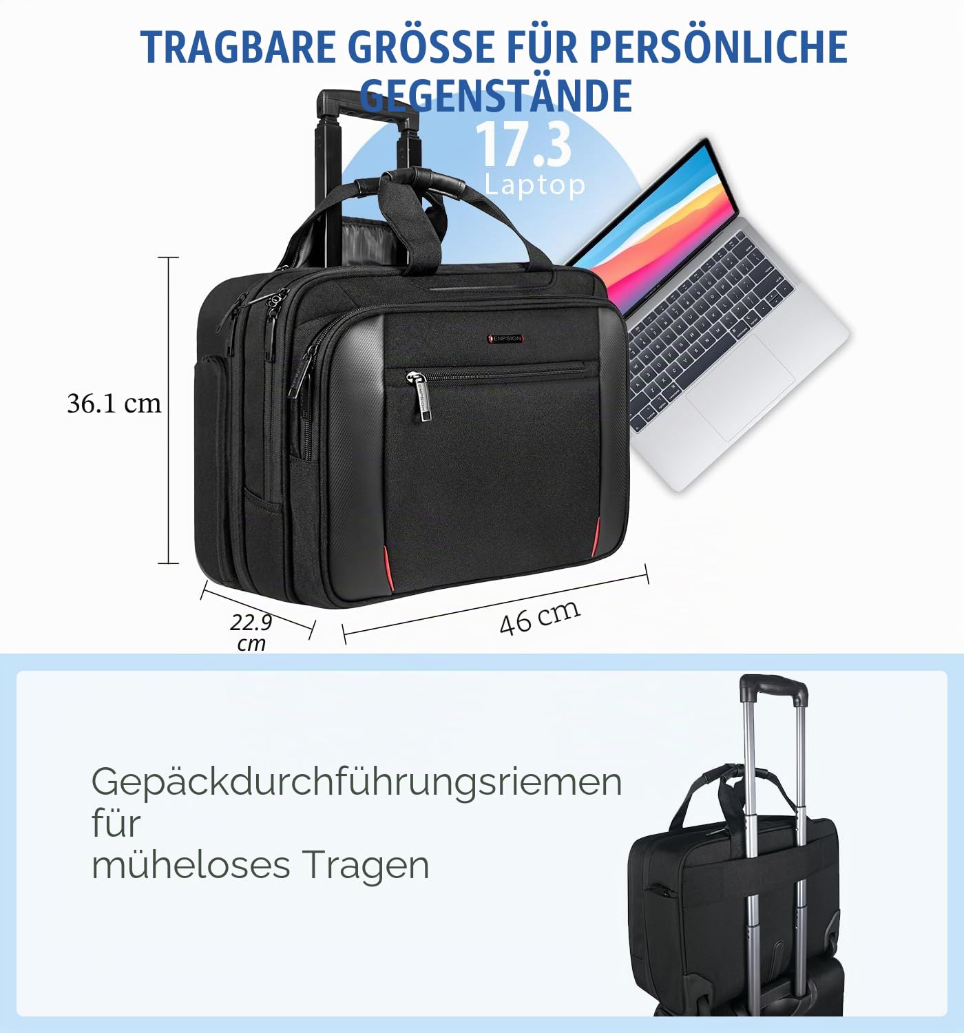 EMPSIGN Business Trolley Laptoptasche mit Rollen, Rolling Laptop Case mit Rädern bis zu 17,3 Zoll Laptop wasserdichte Aktentasche für Geschäft/Pendeln/Reisen/Schule, Schwarz