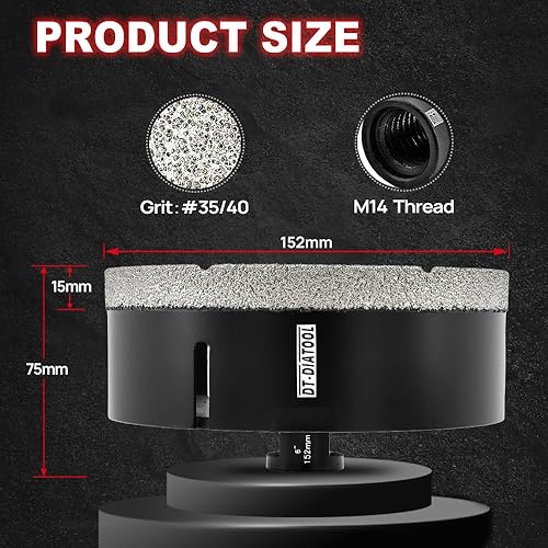 Miniatura 2 de DT-DIATOOL Daimond - Broca de núcleo de 6 pulgadas, sierra de agujero soldado al vacío con rosca de 58 "-11 para azulejos Procelain, cerámica de