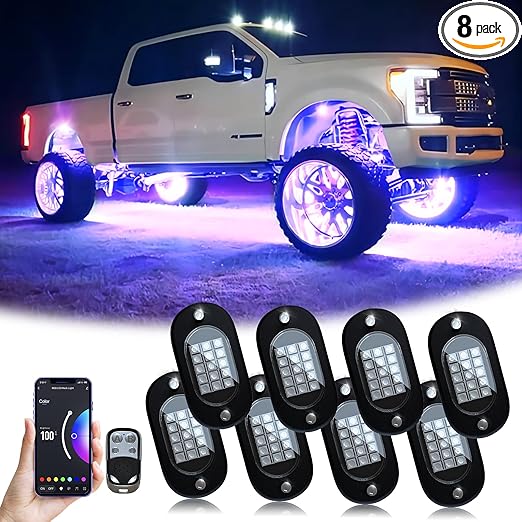YiLaie Rock Lights for Trucks, 8 Pods RGB LED Rock Lights with APP/Remote Control & Music Mode, High Bright Multilcolor Waterproof IP68 Rock Neon Light Kits for Pickup Off Road RZR SUV ATV UTV Car