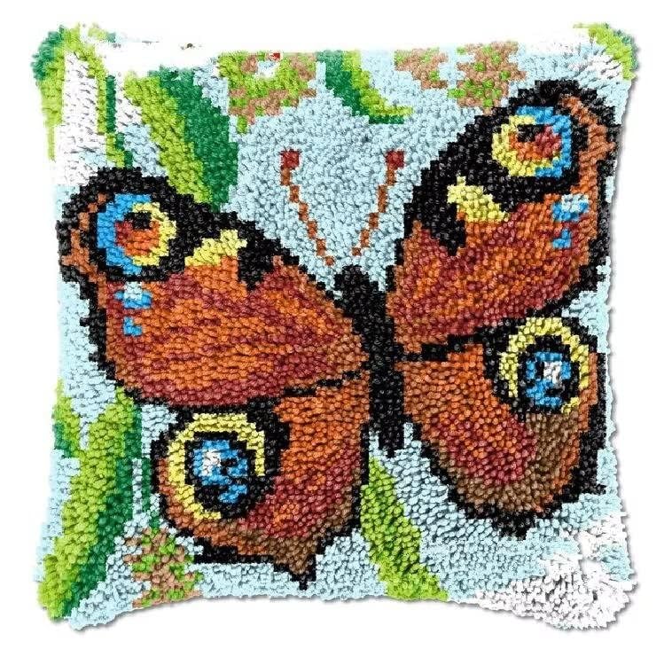 ROCKY&CHAO Latch Hook Kit for Adults & Kids, Complete DIY Cushion Making Craft Kits with Yarn & Canvas and Crochet Needle, Latch Hook Pillow Cover Adult Craft Kits for Women - Brown Butterfly 43x43cm — image 1