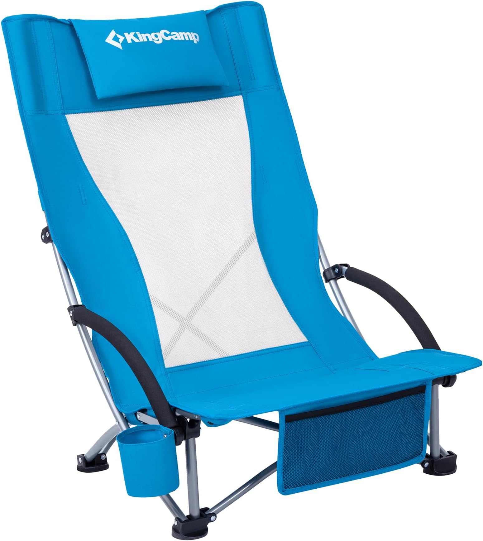 Beach Chair Low Folding Lightweight, 180kg/300lbs Heavy Duty Picnic Chairs with Dual-Tube Stability & Fillable Pillowcase, Portable Concert Chair with Wide Seat & Storage Pocket, Blue