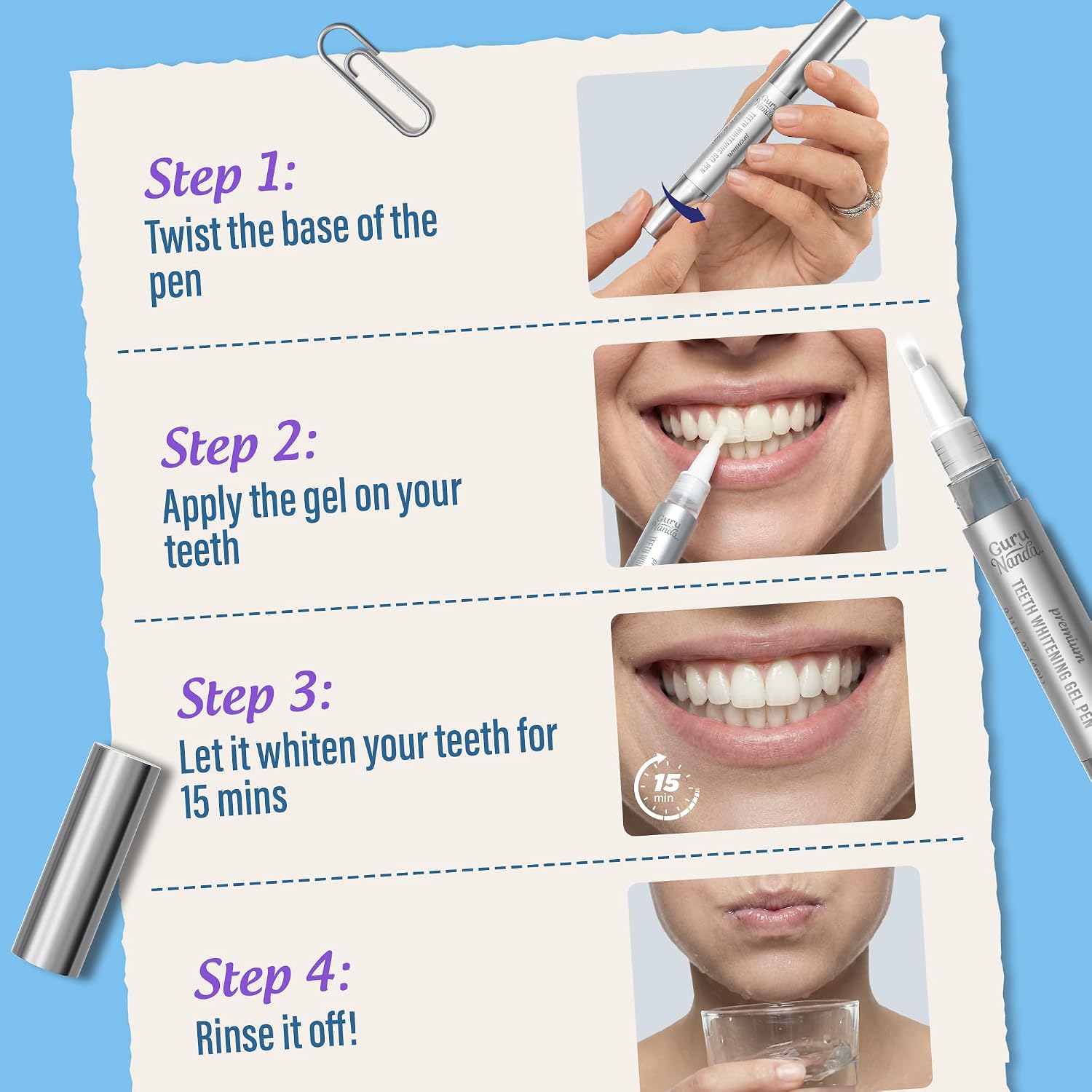 GuruNanda Teeth Whitening Pen - Helps Remove Surface Stains from Coffee, Tea & Wine, Up to 70 Uses, Precision Brush Applicator, Travel-Friendly Whitening Gel Pen, Mint Flavor, 4 mL