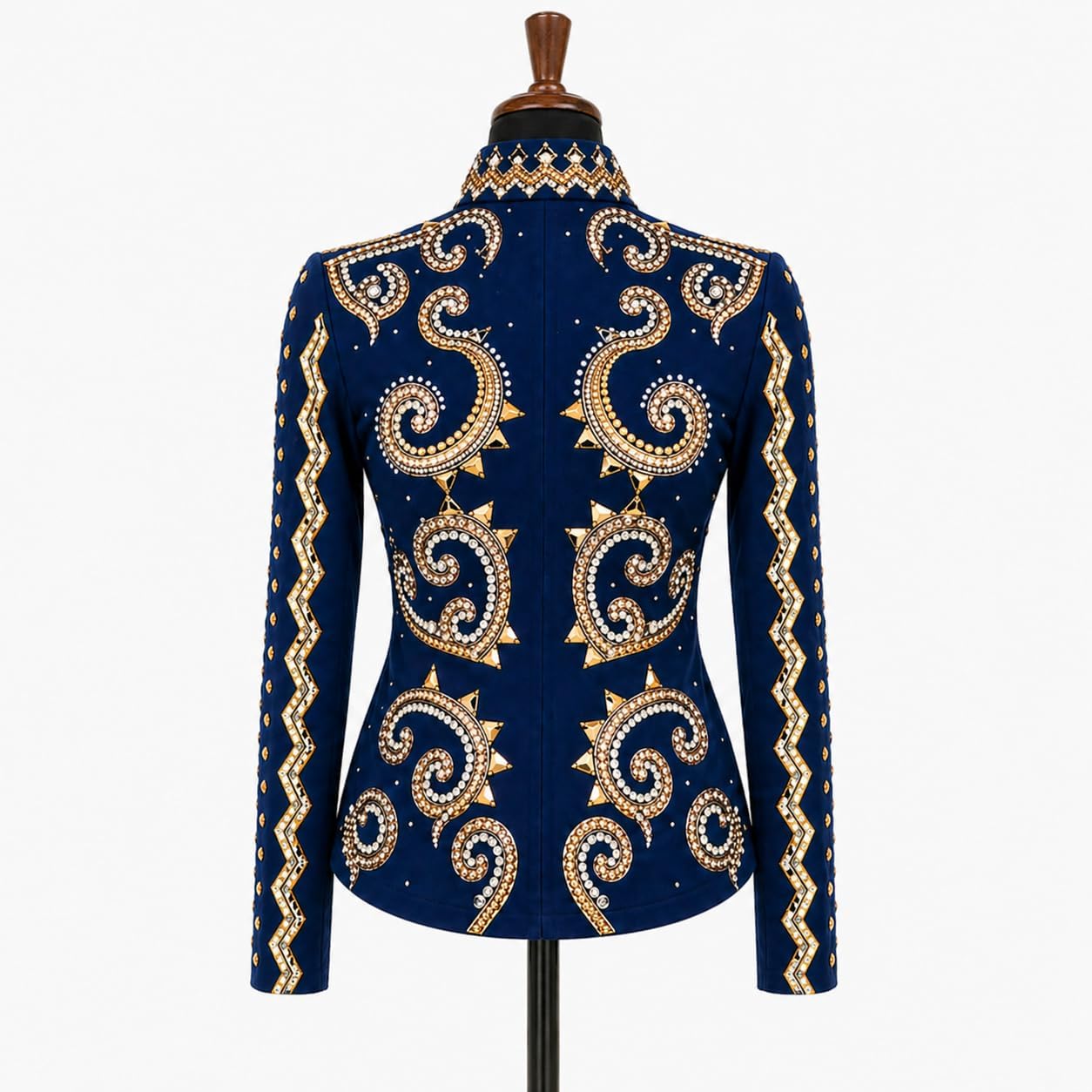 Women’s Western Show Jacket Blue – Equestrian Riding Coat with Paisley Crystal & Zigzag Design